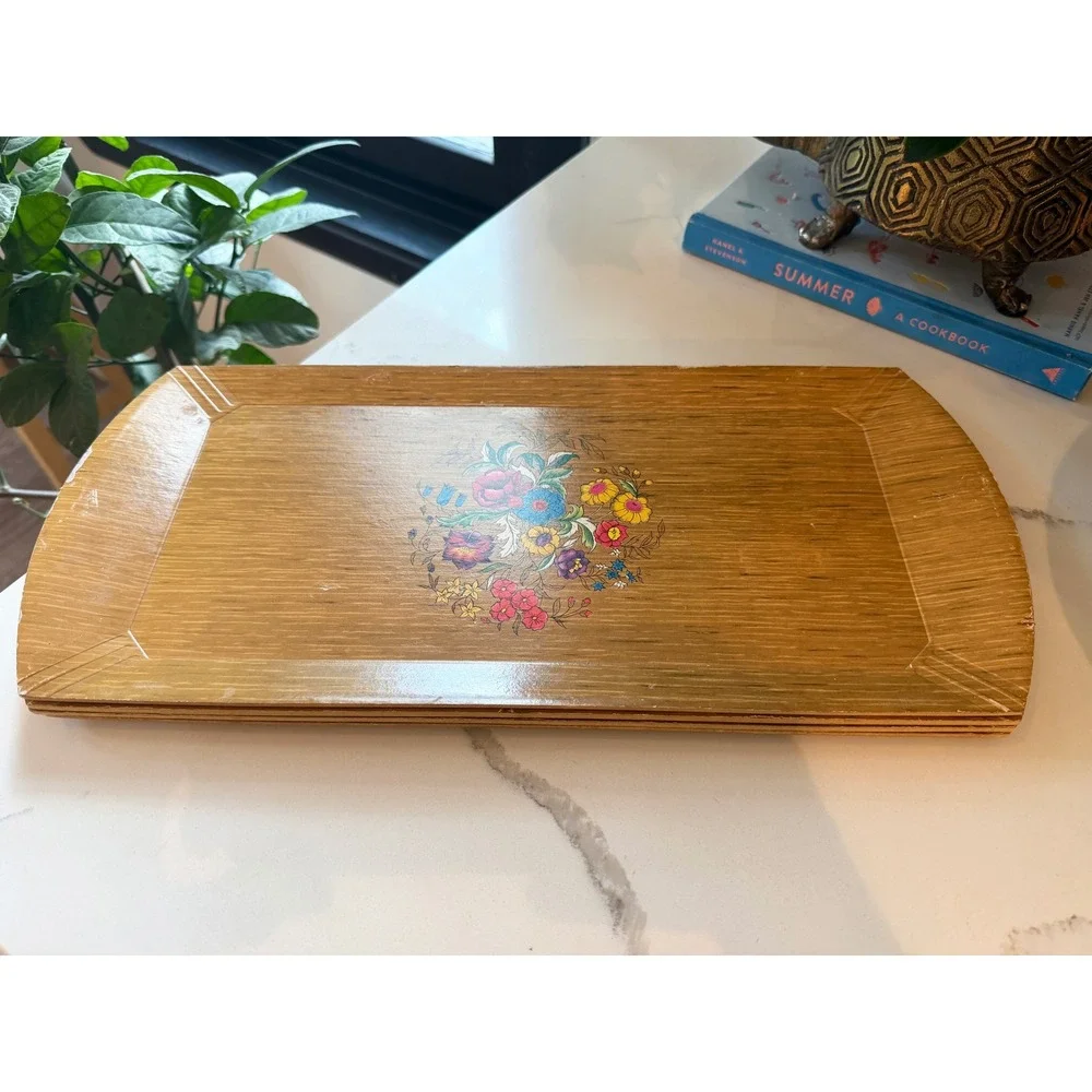 Vintage Hasko De Luxe Lap Tray Mid Century Faux Wood Floral Lithograph MCM 16x8